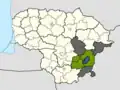 Yellow: Approximate borders of the Vilnius urban area. Green: Municipalities with territories in urban area. Grey: Municipalities in Vilnius County