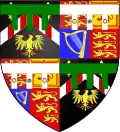 Arms of David Armstrong-Jones, 2nd Earl of Snowdon whilst Viscount Linley: Quarterly 1st & 4th, the arms of his father The Earl of Snowdon with a label vert, 2nd & 3rd the arms of his mother The Princess Margaret whose label argent is charged with roses and a thistle