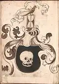 Fol. 3v: Attributed arms of Death, with the motto sic transit gloria mundi et respice manus