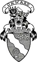 Above the Shield is placed a mural coronet thereon a Helmet of befitting degree with a Mantling Azure doubled Argent, and on a Wreath of their Liveries is set for Crest the represen tation of a stage coach and four all Proper,t and in an Escrol over the same this Motto "Onward". Granted 30 September 1938