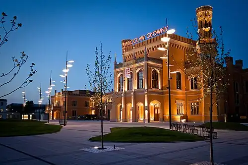 Wrocław Główny railway station is a major railway hub in the region.
