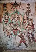 Manjusri holding a ruyi and riding a lion, Yulin Caves, c. Tang dynasty