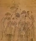 A painting by Zhu Wenxin, of the Eight Immortals. Lan Caihe is at the top, as a smiling, balding man holding up a flower basket. 1813 CE.