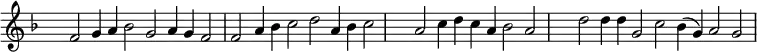{ \key f \major
\set Score.tempoHideNote = ##t
\tempo 2=72
\set Staff.midiInstrument = "english horn"
\override Score.TimeSignature #'transparent = ##t
\override Score.BarNumber #'transparent = ##t
\time 6/2
f'2 g'4 a' bes'2 g' a'4 g' f'2
f'2 a'4 bes' c''2 d'' a'4 bes' c''2
\time 5/2
a'2 c''4 d'' c'' a' bes'2 a'
\time 7/2
d''2 d''4 d'' g'2 c'' bes'4( g') a'2 g'
}