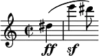 \relative c'' { \set Staff.midiInstrument = #"clarinet" \clef treble \key a \minor \time 2/2 \partial 4*1 dis\ff( | e'\sf dis8) }