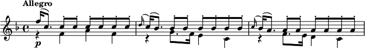 \new Staff <<
\new Voice \relative c'' {
\tempo "Allegro"
\key f \major
\voiceOne
f16(\p c8.) \repeat unfold 6 { c8-. } |
\appoggiatura d16 c( bes8.) \repeat unfold 6 { bes8-. } |
\appoggiatura c16 bes( a8.) \repeat unfold 6 { a8-. } |
}
\new Voice \relative c' {
\voiceTwo
r4 f a f |
r4 g8. f16 e4 c |
r4 f8. e16 d4 c |
}
>>