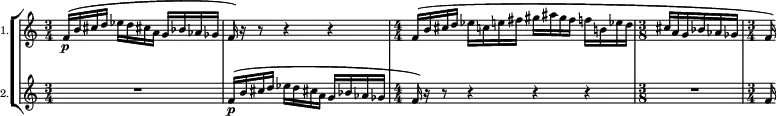 
\language "english"
 \relative c'

{
\new StaffGroup
<<
    \new Staff = "flute" \with 
{ \magnifyStaff #5/7
instrumentName = "1."
midiInstrument= "flute"
}

{      \clef "treble"  
        \numericTimeSignature
         \tempo 4 = 88
          \set Score.tempoHideNote = ##t
           \time 3/4  
            f16\p([ b16 cs16 d16]  ef16[ d16 cs!16 a16]  g16[ bf16 af16 gf16]
            f16) r16 r8 r4 r4
            \time 4/4
            f16([ b16 cs16 d16] ef16[ c!16 e!16 fs16] gs16[ as16 gs16 fs16] f!16[ b,!16 ef16 d16] 
             \time 3/8
              cs a g bf af gf
                \time 3/4
                 f16) 
}
     \new Staff = "flute" \with 
{ \magnifyStaff #5/7
instrumentName = "2."
midiInstrument= "flute"
}

{ 
           R2.
           f16\p( b16 cs16 d16  ef16 d16 cs!16 a16 
 g16 bf16 af16 gf16
            \numericTimeSignature
             \time 4/4    
              f16)  r16 r8 r4 r4 r4
              \time 3/8
               R4.
               \time 3/4
                f16
} 
>>
}
