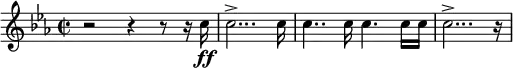 \relative c {
\new PianoStaff <<
\new Staff {
\set Staff.midiInstrument = #"trumpet" \relative c'' \key c \minor \clef treble \time 2/2 \set Score.tempoHideNote = ##t \tempo 2 = 55
r2 r4 r8 r16 c''16 \ff |
c2...-> c16 |
c4.. c16 c4. c16 c16 |
c2...-> r16 |
}
>>
}