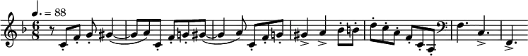 \relative c' { \set Staff.midiInstrument = #"french horn" \clef treble \key f \major \tempo 4.=88 \time 6/8 r8 c-. f-. g-. gis4~( | gis8 a) c,-. f-. g!-. gis~( | gis4 a8) c,-. f-. g!-. | gis4-> a-> bes8-. b-. | d-. c-. a-. f-. c-. a-. | \clef bass f4. c-> | f,-> }