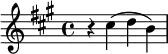 \relative c'' { \set Staff.midiInstrument = #"piano"
\key a \major
\time 4/4
r4 cis4( d b)
}