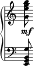 {
\override Score.TimeSignature #'stencil = ##f
{ \new PianoStaff <<
\new Staff { \set Score.tempoHideNote = ##t \tempo 8 = 30 \clef treble <g' e'' g'' b''>8\mf }
\new Staff { \clef bass <e, g, b, g>8 }
>> } }