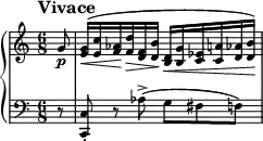 \new PianoStaff <<
\new Staff = "Up" \with { \magnifyStaff #3/4 } <<
\new Voice \relative c' {
\clef treble
\tempo "Vivace"
\set Score.tempoHideNote = ##t \tempo 4. = 84
\time 6/8
\key c \major
\partial 8
g'8 \p <e g>16 \< ^(<e c'> <f aes> \! <f d'> \> <d f> <d b'> \! <b d> \< <b g'> <c ees> <c a'> <d aes'> <d b'> \!)
}
>>
\new Staff = "Down" \with { \magnifyStaff #3/4 } <<
\new Voice \relative c{
\clef bass
\key c \major
r8 <c, c'>-. r aes''->(g fis f)
}
>>
>>