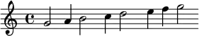 \relative c' { \override Staff.BarLine #'stencil = ##f { g'2 a4 b2 c4 d2 e4 f g2 }}