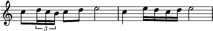 {
\override Score.TimeSignature #'stencil = ##f
\relative c'' {
c8 \tuplet 3/2 { d16 c b } c8 d e2
c4 e16 d c d e2
}
}