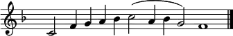 { \key f \major
\set Score.tempoHideNote = ##t
\tempo 2=72
\set Staff.midiInstrument = "english horn"
\override Score.TimeSignature #'transparent = ##t
\override Score.BarNumber #'transparent = ##t
\time 8/2
c'2 f'4 g' a' bes' c''2(a'4 bes' g'2) f'1
\bar "|."}