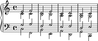 {
\new PianoStaff <<
\new Staff <<
\new Voice \relative c' {
\clef treble \time 4/4
\stemUp e2 f d e c d b c
}
\new Voice \relative c' {
\stemDown c2 c b b a a g g
}
>>
\new Staff <<
\new Voice \relative c' {
\clef bass \time 4/4
\stemUp g2 a f g e f d e
}
\new Voice \relative c {
\stemDown c f, b e, a d, g c,
}
>>
>> }
