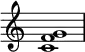 {
\override Score.TimeSignature #'stencil = ##f
\relative c' {
\clef treble \time 4/4
<c f g>1
} }