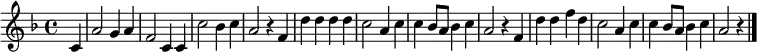 \relative c' { \key f \major \time 4/4 \partial 4
c4 | a'2 g4 a4 | f2 c4 c4 | c'2 bes4 c4 | a2 r4 f4 |
d'4 d4 d4 d4 | c2 a4 c4| c4 bes8 a8 bes4 c4| a2 r4 f4 |
d'4 d4 f4 d4 | c2 a4 c4| c4 bes8 a8 bes4 c4| a2 r4| \bar "|."
}
%{
\addlyrics {
Wir | hat -- ten ge -- | bau -- et ein | statt -- li -- ches | Haus und |
drin auf Gott ver -- | trau -- et trotz | Wet -- te -- r, Sturm und | Graus, und
drin auf Gott ver -- | trau -- et trotz | Wet -- te -- r, Sturm und | Graus.
}
%}