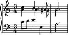 \new PianoStaff <<
\new Staff <<
\set Score.tempoHideNote = ##t \tempo 4 = 72
\set Staff.midiInstrument = #"voice oohs"
\new Voice \relative c'' {
\stemUp \clef treble \key a \minor \time 3/4
c4 b4. a8 a2.
}
\new Voice \relative c'' {
\stemDown
a4 a4. gis8 a2.
}
>>
\new Staff <<
\new Voice \relative c' {
\set Staff.midiInstrument = #"voice oohs"
\clef bass \key a \minor \time 3/4
c8 d e4 e, a2.
}
>>
>>