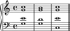 {
\new PianoStaff <<
\new Staff <<
\new Voice \relative c'' {
\stemUp \clef treble \key c \major \time 4/4
c1 b c
}
\new Voice \relative c'' {
\stemDown
g1 g g
}
>>
\new Staff <<
\new Voice \relative c' {
\stemUp \clef bass \key c \major \time 4/4
e1 d e
}
\new Voice \relative c' {
\stemDown
g1 g c, \bar "||"
}
>>
>> }