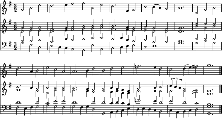 << <<
\new Staff { \clef treble \time 3/2 \key g \major \set Staff.midiInstrument = "choir aahs" \set Score.tempoHideNote = ##t \override Score.BarNumber #'transparent = ##t
\relative c''
{ g2 b e | d2. e4 | fis2 | g b, e | d2. fis,4 g2 | c2 c4( b) a2 | b1.
d,2 g b | d2. a4 b2 | e c a | a2. b4 d2 | b d e | f2. e4 d2 | c d4( e) fis!2 | g1. \bar"|." }
}
\new Staff { \clef treble \key g \major \set Staff.midiInstrument = "church organ"
\relative c''
<< { g2 g a | fis2. g4 a2 | b b c | b2. a4 g2 | a g fis | g1.
d'2 d d | d2. c4 b2 | c c c | c2. b4 a2 | b c4 b a g | b2. c4 d2 | \tuplet 3/2 { e4 d c } b2 a | g1. } \\
{ d2 e e | d2. e4 fis2 | g g a | g2. fis4 e2 | e d d | d1.
b'2 g b | a1 g2 | e a a | a2. g4 fis2 | g fis4 g e e | g2. g4 g2 | g g fis! | d1. } >>
}
\new Staff { \clef bass \key g \major \set Staff.midiInstrument = "church organ"
\relative c'
<< { b2 b c | a2. d4 c2 | d e e | d e4 c b2 | c a a | b1.
d2 d d | d1 d2 | c2 e e | d1 d2 | d c4 d c b | f'2. e4 d2 | e d c | b1. } \\
{ g2 e c | d c4 b a2 | g e' a, | b c4 d e2 | c d1 | g1.
g2 b g | fis e4 fis g2 | a g fis | g fis4 g d2 | g, a4 b c e | d e d c b2 | c4 a b c d2 | <g g,>1. } >>
}
>> >>
\layout { indent = #0 }
\midi { \tempo 2 = 80 }
