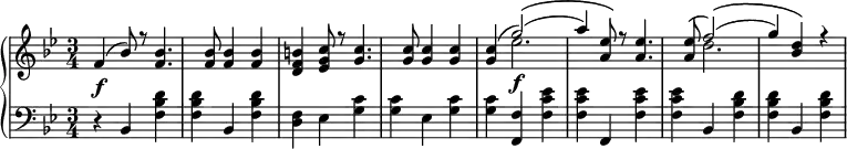 \relative c' {
\new PianoStaff <<
\new Staff { \key g \minor \time 3/4
<<
{
f4( bes8) r <f bes>4. <f bes>8 <f bes>4 <f bes> <d f b> <ees g c>8 r <g c>4. <g c>8 <g c>4 <g c> <g c>( g'2)(\( a4) <a, ees'>8\) r <a ees'>4. <a ees'>8( f'2)(\( g4) <bes, d>\) r
}
\\
{
s4 s8 s s4. s8 s4 s s s8 s s4. s8 s4 s s ees2.\f s8 s s4. s8 d2.
}
>>
}
\new Dynamics {
s\f
}
\new Staff { \key g \minor \time 3/4 \clef bass
r4 bes,, <f' bes d> <f bes d> bes, <f' bes d> <d f> ees <g c> <g c> ees <g c> <g c> <f, f'> <f' c' ees> <f c' ees> f, <f' c' ees> <f c' ees> bes, <f' bes d> <f bes d> bes, <f' bes d>
}
>>
}