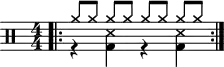 \version "2.22.0"
\header { tagline = ##f}
\score {
  \drums \with {midiInstrument = "drums"}
  \with { \numericTimeSignature }
  {
    \repeat volta 2 {
      <<
        {
          \autoBeamOff
          \time 4/4
          cymra8 [cymra] cymra [cymra] cymra [cymra] cymra [cymra]
        }\\{r4 <bd ss> r4 <bd ss>}
        \bar ":|.S.|:-S"
      >>\break
    }
  }
  \layout {}
}

\score {
  \unfoldRepeats {
    \drums \with {midiInstrument = "drums"}{
      \repeat volta 2 {
        <<
          {
            \time 4/4
            cymra8 cymra cymra cymra cymra cymra cymra cymra
          }\\{r4 <bd ss> r4 <bd ss>}
          \bar ":|.S.|:-S"
        >>\break
      }
    }
  }
  \midi { \tempo  4 = 80 }
}