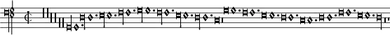 \paper{
oddFooterMarkup=##f
oddHeaderMarkup=##f
bookTitleMarkup=##f
scoreTitleMarkup=##f
}
#(ly:set-option 'resolution 600)
mensuralTightSetting = {
\override Score.SpacingSpanner #'base-shortest-duration = #(ly:make-moment 1 2)
\override Score.SpacingSpanner #'common-shortest-duration = #(ly:make-moment 1 2)
\override Score.SpacingSpanner #'shortest-duration-space = #1.5
\override Score.SpacingSpanner #'spacing-increment = #0.05
\override NoteSpacing #'stem-spacing-correction = #0.0
\override Score.BarLine #'stencil = #empty-stencil
\override Score.BarNumber #'stencil = #empty-stencil
}
\book {
\score {
\new MensuralVoice \relative {
\set Score.timing = ##f
\override NoteHead.style = #'petrucci
\override Rest.style = #'mensural
\override Staff.TimeSignature.style = #'mensural
\mensuralTightSetting
\clef "petrucci-f4"
\time 2/2
\override Score.Rest.Y-offset = #1
r\longa r
\override Score.Rest.Y-offset = #0
r r
\override Score.Rest.Y-offset = #-1
r r
g,\longa g1. d'\longa d1. e\longa e1. f\longa f1. g\longa g1.
f\longa f1. e\longa e1. d\longa d1. c\breve
\once \override Score.Rest.Y-offset = #-1 r\breve
g'\breve g1. f\breve f1. e\breve e1. d\breve d1. c\breve c1.
d\breve d1. f\breve f1. e\breve e1. d\longa r\breve
\once \override Score.Rest.Y-offset = #0
r1
}
\layout {}
\midi {
\tempo \breve = 60
}
}
}