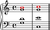 \new PianoStaff <<
\new Staff <<
\new Voice \relative c'' {
\stemUp \clef treble \key c \major \time 4/4
\override NoteHead.color = #red b1 c
}
\new Voice \relative c'' {
\stemDown
g1 g
}
>>
\new Staff <<
\new Voice \relative c' {
\stemUp \clef bass \key c \major \time 4/4
d1 e
}
\new Voice \relative c' {
\stemDown
g1 c, \bar "||"
}
>>
>>